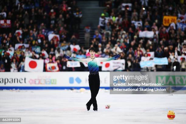 Yuzuru Hanyu of Japan reacts in the Men's Free Skating during day four of the World Figure Skating Championships at Hartwall Arena on April 1, 2017...