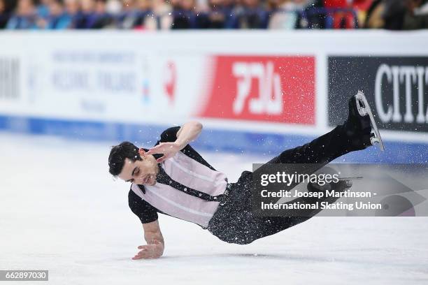 Javier Fernandez of Spain crashes in the Men's Free Skating during day four of the World Figure Skating Championships at Hartwall Arena on April 1,...