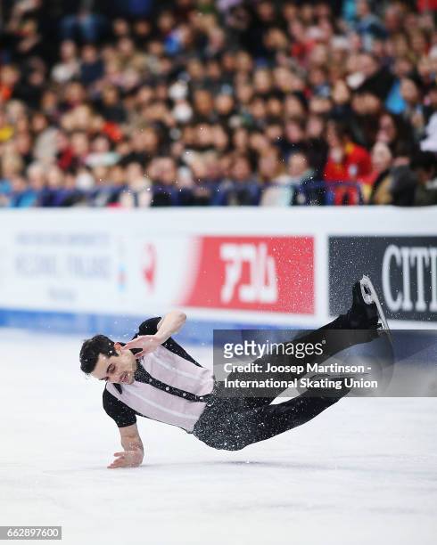 Javier Fernandez of Spain crashes in the Men's Free Skating during day four of the World Figure Skating Championships at Hartwall Arena on April 1,...