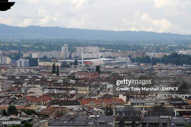 View looking over the Geneva roof tops towards The Stade de Geneva