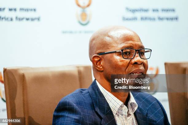 Sfiso Buthelezi, South Africa's deputy finance minister, speaks during a news conference in Pretoria, South Africa, on Saturday, April 1, 2017....