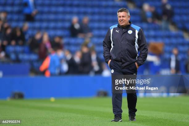 Craig Shakespeare, manager of Leicester City looks on as his team warm up prior to the Premier League match between Leicester City and Stoke City at...