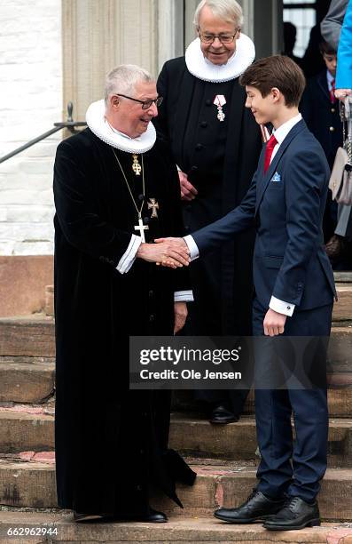 Prince Felix of Denmark, son of Prince Joachim and former wife Countess Alexandra, and Royal Priest Erik Norman Svendsen at the Fredensborg Palace...