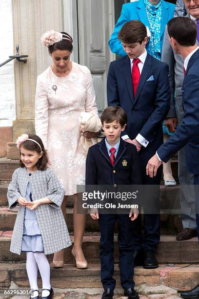 Prince Felix together with his brother Prince Henrik and Princess athena and Princess Marie at the Fredensborg Palace church after Prince Felix'...