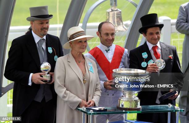 Owner James Acherson, Dame Judi Dench, jockey Olivier Peslier and trainer Maurizio Delcher Sanchez pose for photogrpahs at the presentation for the...