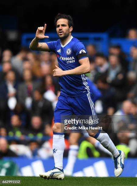 Cesc Fabregas of Chelsea celebrates scoring his sides first goal during the Premier League match between Chelsea and Crystal Palace at Stamford...
