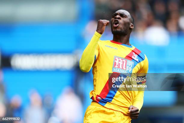 Christian Benteke of Crystal Palace celebrates scoring his sides second goal during the Premier League match between Chelsea and Crystal Palace at...