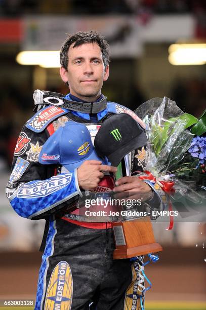 S Greg Hancock on the podium after his second place in the FIM British Speedway Grand Prix at the Millennium Stadium.