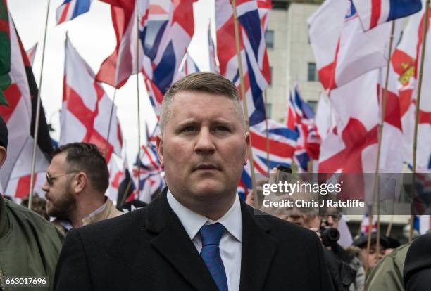 Britain First leader Paul Golding is seen during a protest titled 'London march against terrorism' in response to the March 22 Westminster terror...
