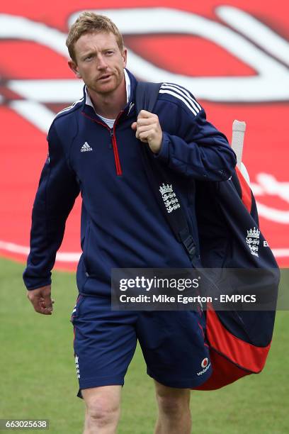 England's Paul Collingwood, dropped from the side for the second test, walks off the field of play with his kit bag