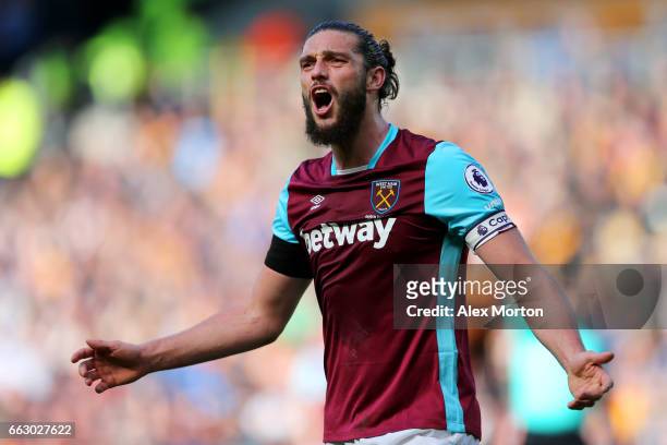 Andy Carroll of West Ham Unted reacts during the Premier League match between Hull City and West Ham United at KCOM Stadium on April 1, 2017 in Hull,...