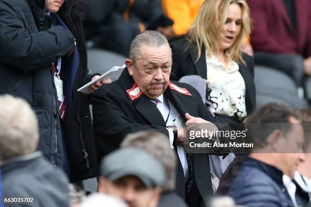 David Sullivan, owner of West Ham looks on from the stands during the Premier League match between Hull City and West Ham United at KCOM Stadium on...