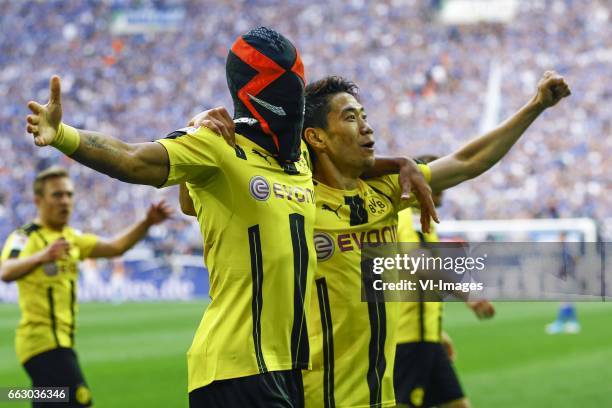 Pierre Emerick Aubameyang of Borussia Dortmund scored and wears a mask, Shinji Kagawa of Borussia Dortmundduring the Bundesliga match between Schalke...