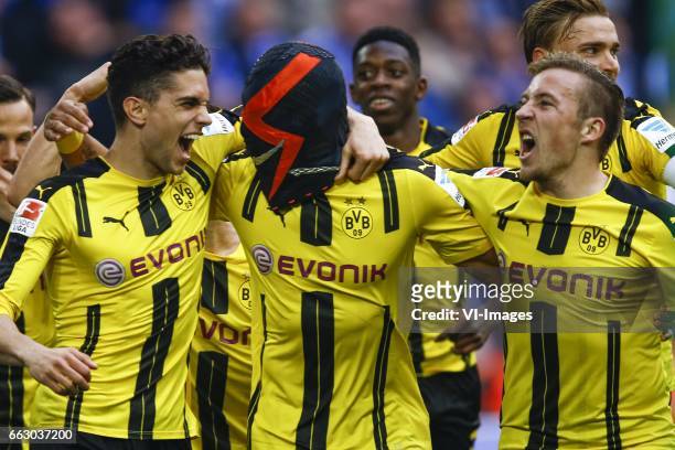 Marc Bartra of Borussia Dortmund, Pierre Emerick Aubameyang of Borussia Dortmund and wears a mask, Felix Passlack of Borussia Dortmundduring the...