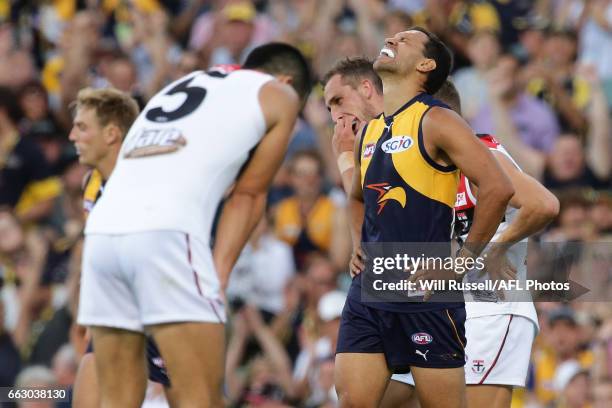 Josh Hill of the Eagles celebrates after scoring a goal during the round two AFL match between the West Coast Eagles and the St Kilda Saints at...