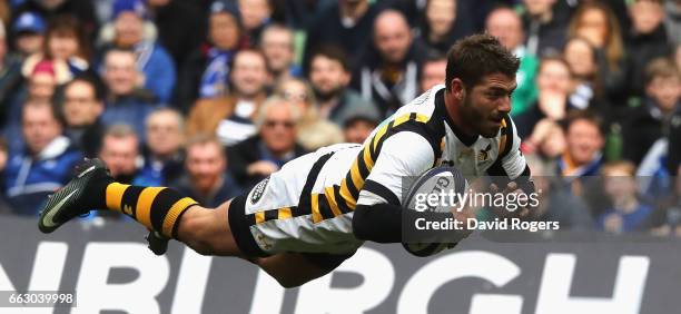 Willie le Roux of Wasps dives over the try line but drops the ball to cancel out a try during the European Rugby Champions Cup match between Leinster...