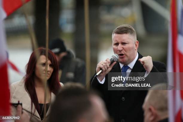 Paul Golding and Jayda Fransen , leaders of the far-right organisation Britain First talk during a march in central London on April 1, 2017. -...