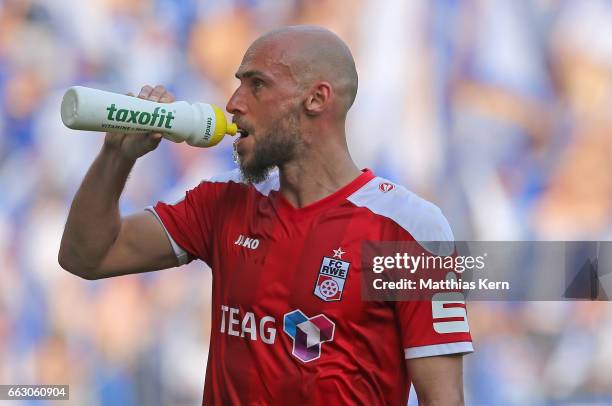 Daniel Brueckner of Erfurt drinks from a bottle during the third league match between 1.FC Magdeburg and Rot Weiss Erfurt at MDCC Arena on April 1,...