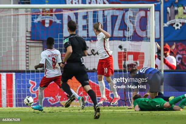 Naby Keita of Leipzig scores his team's fourth during the Bundesliga match between RB Leipzig and SV Darmstadt 98 at Red Bull Arena on April 1, 2017...