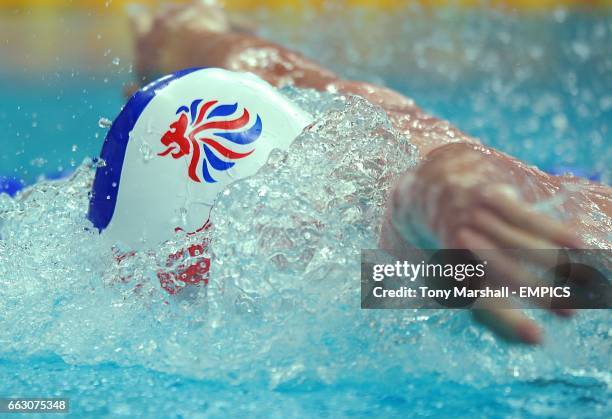 The British lion on Britain's Michael Rock's swimming cap during heat 5 of the men's 200m butterfly.