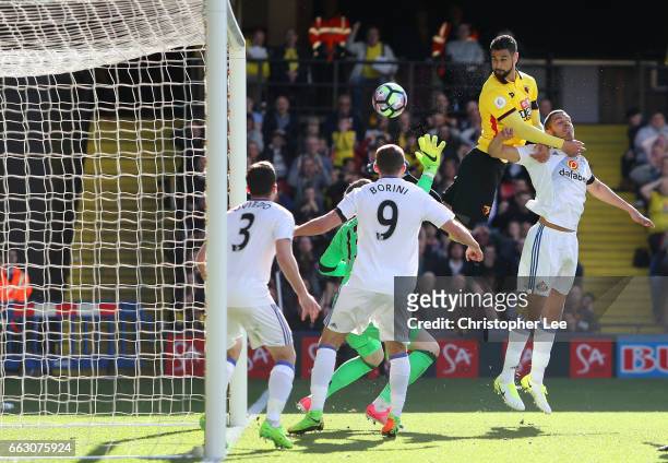 Miguel Britos of Watford scores his sides first goal during the Premier League match between Watford and Sunderland at Vicarage Road on April 1, 2017...