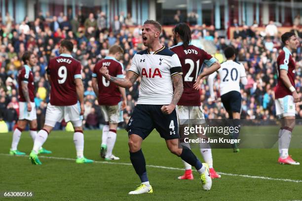 Toby Alderweireld of Tottenham Hotspur celebrates after his team mate Eric Dier of Tottenham Hotspur scored his sides first goal uring the Premier...