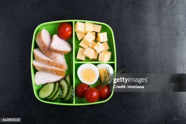 healthy protein snack box with chicken breast, cheese, hardboiled eggs - serving size stock pictures, royalty-free photos & images