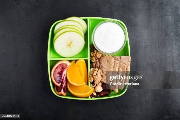 healthy fruits and nuts snack box - school lunch stock pictures, royalty-free photos & images