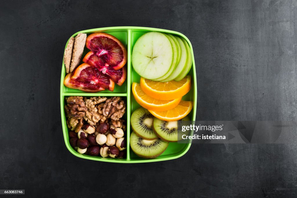Healthy fruits and nuts snack box