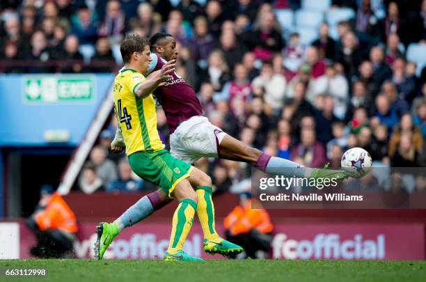 Jonathan Kodjia of Aston Villa scores his second goal for Aston Villa during the Sky Bet Championship match between Aston Villa and Norwich City at...