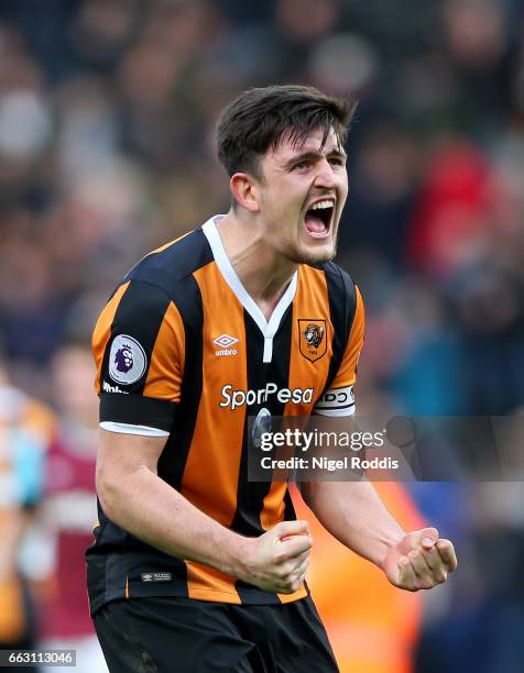 Harry Maguire of Hull City celebrates after the final whistle after the Premier League match between Hull City and West Ham United at KCOM Stadium on...