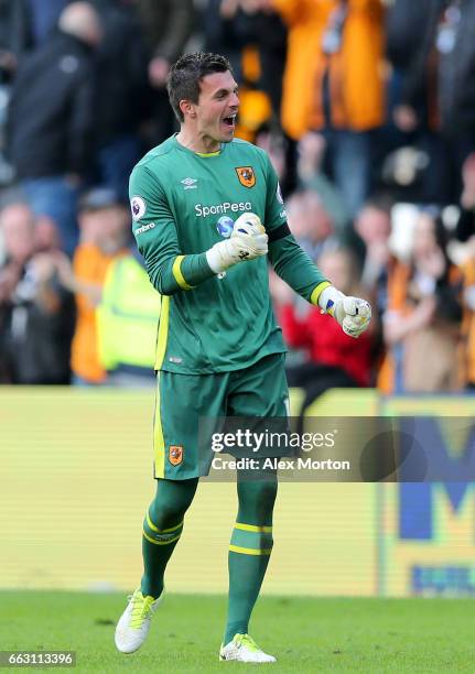 Eldin Jakupovic of Hull City celebrates after final whistle after the Premier League match between Hull City and West Ham United at KCOM Stadium on...