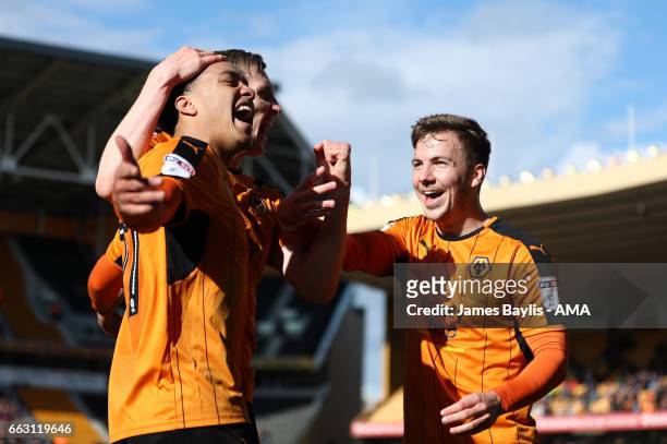 Helder Costa of Wolverhampton Wanderers celebrates after scoring a goal to make it 3-1 during the Sky Bet Championship match between Wolverhampton...