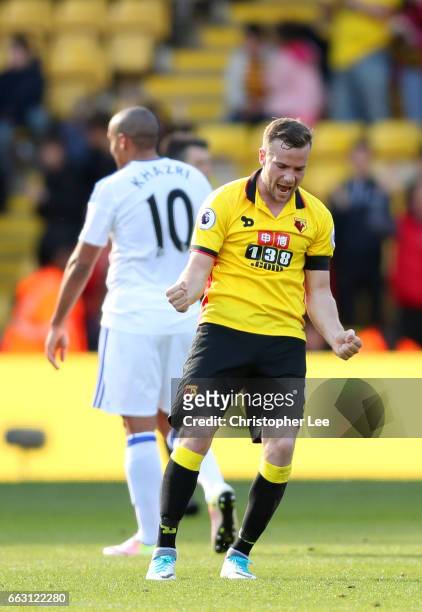 Tom Cleverley of Watford celebrates after the Premier League match between Watford and Sunderland at Vicarage Road on April 1, 2017 in Watford,...