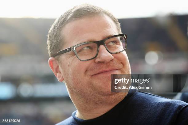 Manager Max Eberl of Moenchengladbach looks on prior to the Bundesliga match between Eintracht Frankfurt and Borussia Moenchengladbach at...