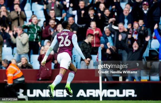 Jonathan Kodjia of Aston Villa scores his second goal for Aston Villa during the Sky Bet Championship match between Aston Villa and Norwich City at...