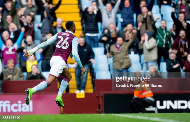 Jonathan Kodjia of Aston Villa scores his second goal for Aston Villa during the Sky Bet Championship match between Aston Villa and Norwich City at...