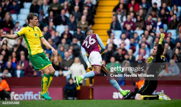 Jonathan Kodjia of Aston Villa scores his second goal for Aston Villa during the Sky Bet Championship match between Aston Villa and Norwich City at...