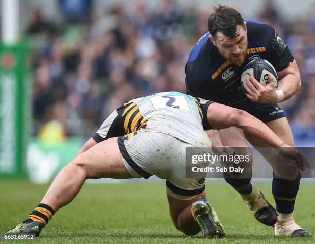 Leinster , Ireland - 1 April 2017; Cian Healy of Leinster in action against Tommy Taylor of Wasps during the European Rugby Champions Cup...