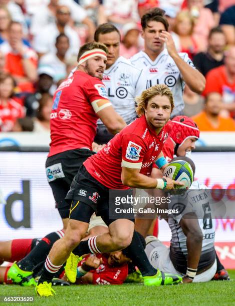 Faf de Klerk of the Lions with possession during the Super Rugby match between Emirates Lions and Cell C Sharks at Emirates Airline Park on April 01,...