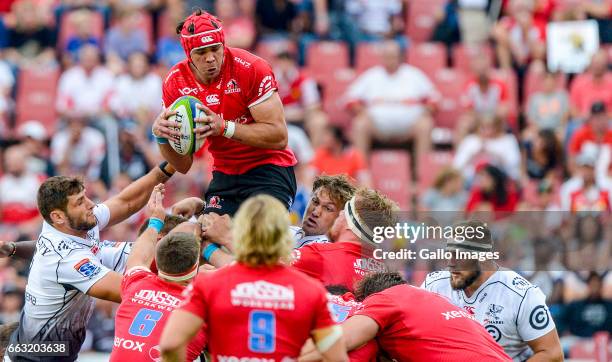 Captain Warren Whiteley of the Lions wins possession during the Super Rugby match between Emirates Lions and Cell C Sharks at Emirates Airline Park...
