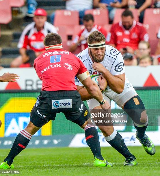 Thomas du Tuit of the Sharks going against Jaco Kriel of the Lions during the Super Rugby match between Emirates Lions and Cell C Sharks at Emirates...