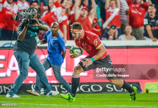 Jaco Kriel of the Lions scores a try during the Super Rugby match between Emirates Lions and Cell C Sharks at Emirates Airline Park on April 01, 2017...