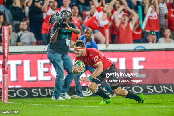 Jaco Kriel of the Lions scores a try during the Super Rugby match between Emirates Lions and Cell C Sharks at Emirates Airline Park on April 01, 2017...