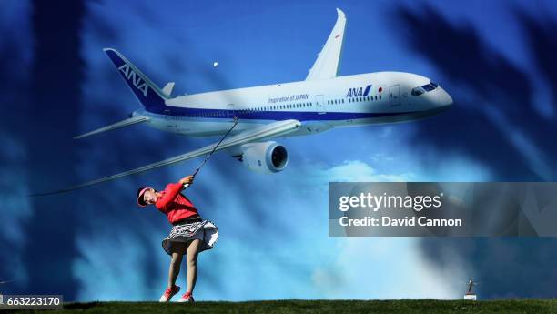 Lucy Li of the United States plays her tee shot on the par 3, eighth hole during the completion of the second round of the 2017 ANA Inspiration held...