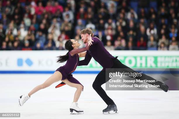 Madison Chock and Evan Bates of United States compete in the Ice Dance Free Dance during day four of the World Figure Skating Championships at...