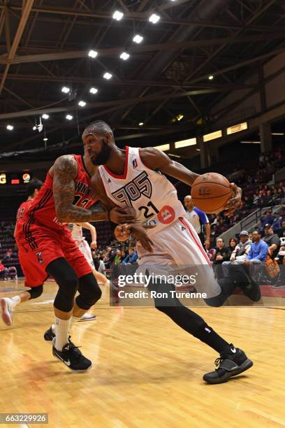 Leslie of the Raptors 905 drives to the basket against the Windy City Bulls on March 30, 2017 in Mississauga, Ontario, Canada. NOTE TO USER: User...