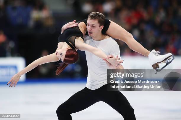 Ekaterina Bobrova and Dmitri Soloviev of Russia compete in the Ice Dance Free Dance during day four of the World Figure Skating Championships at...