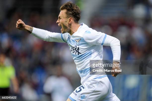 Cristiano Lombardi of SS Lazio celebrates a second goal with his team mate during the Serie A match between US Sassuolo and SS Lazio at Mapei Stadium...
