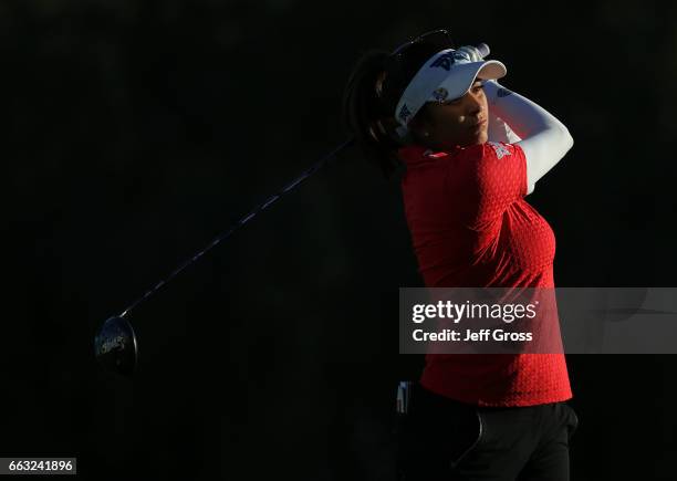 Gerina Piller plays her tee shot on the second hole during the completion of the second round of the ANA Inspiration at the Dinah Shore Tournament...